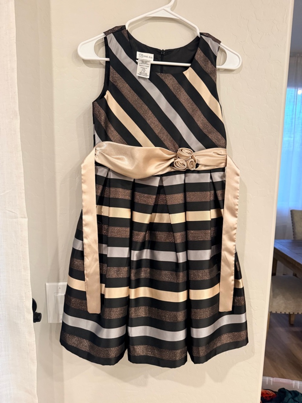 Girls Black & Gold Striped Party Dress with Satin Sash